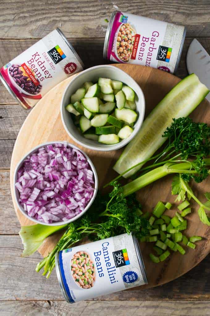 bean salad ingredients on cutting board
