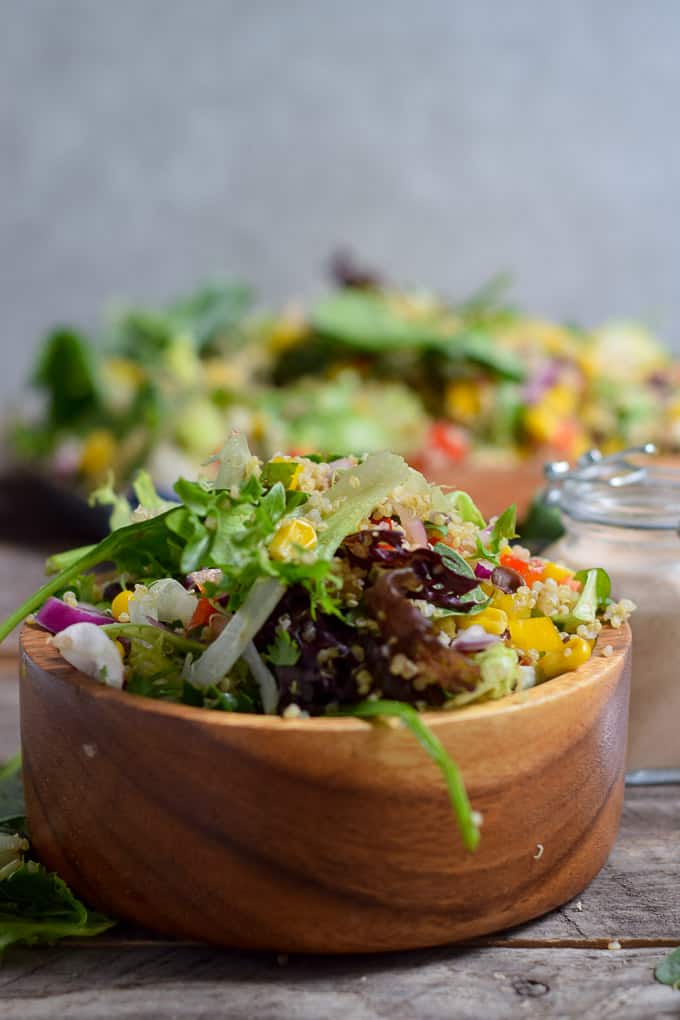 Quinoa Black Bean Summer Salad in bowl with no dressing