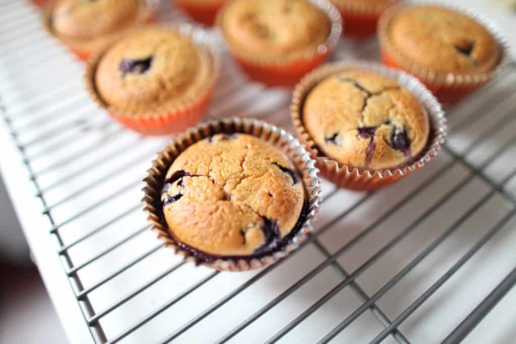 Blueberry muffins cooling on wire rack.