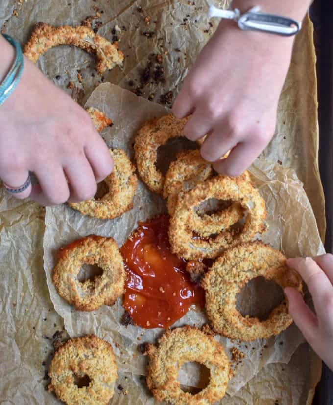 Crunchy baked onion rings.