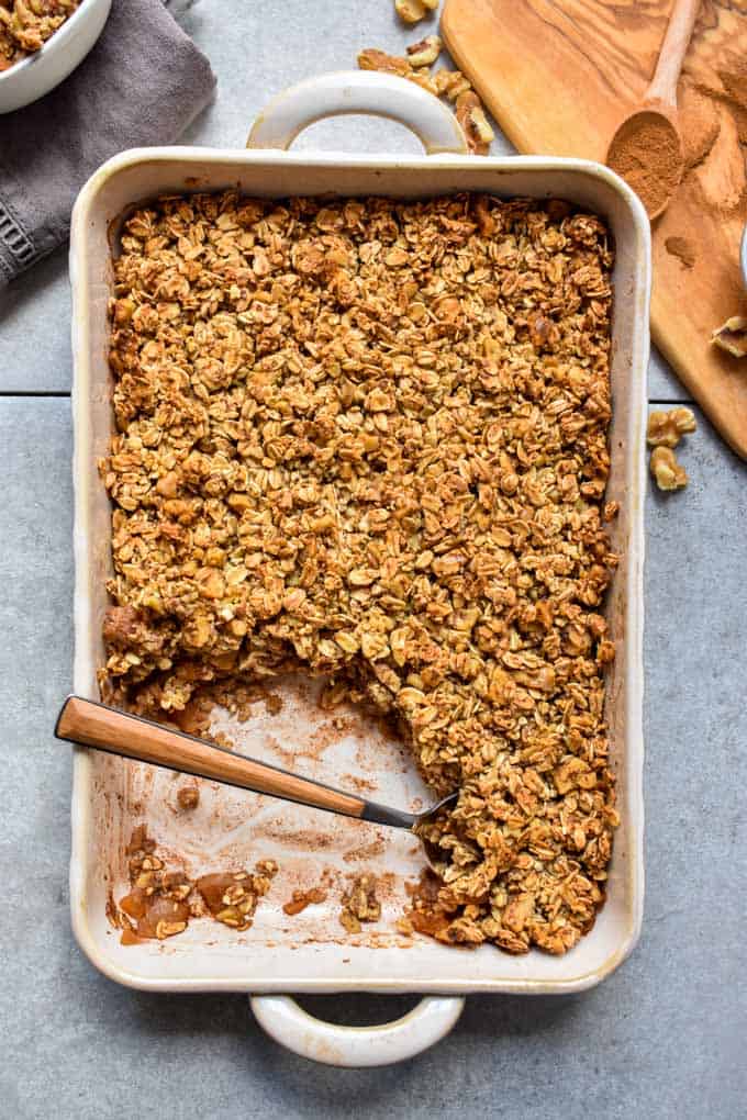 Cinnamon apple oatmeal crumble in baking pan.