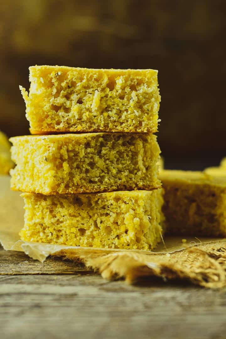 Vegan cornbread stacked up.