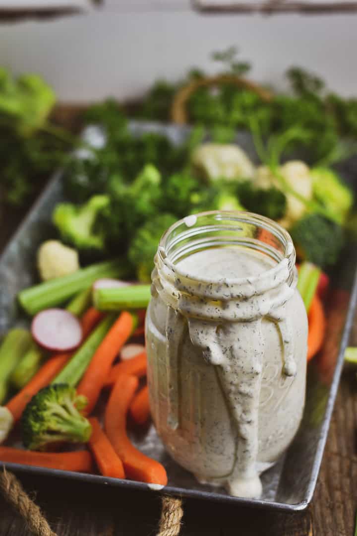 The BEST Vegan Ranch Dressing recipe! This creamy cashew vegan ranch dressing is the perfect party dip, salad dressing, or sandwich spread. It's completely plant based, oil-free, gluten free, and soy free.