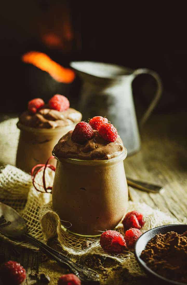 vegan chocolate mousse in glass jar on table