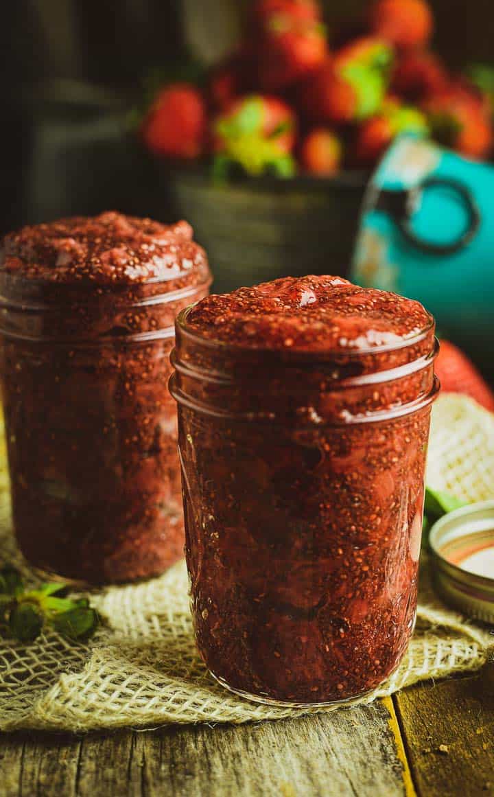 Strawberry chia jam in glass jars.