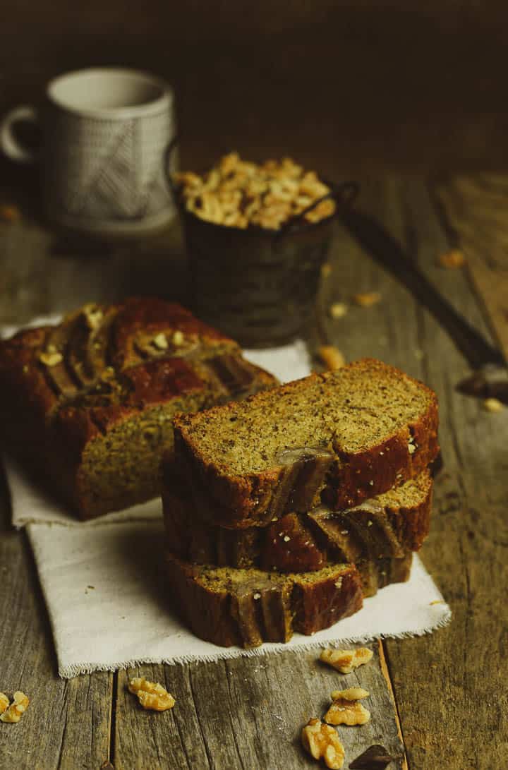 Three slices of vegan banana bread stacked.