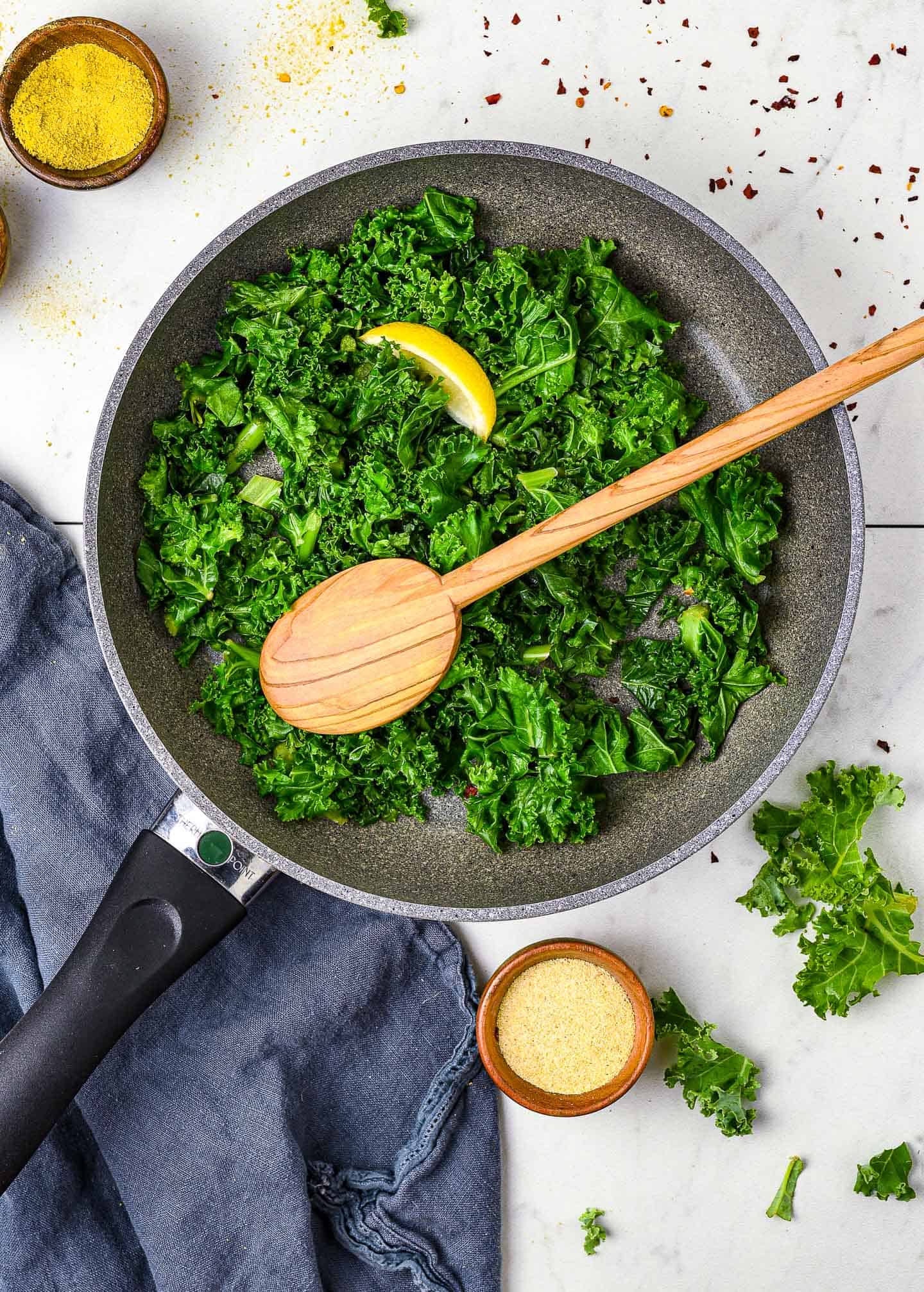 Cooked kale in skillet.