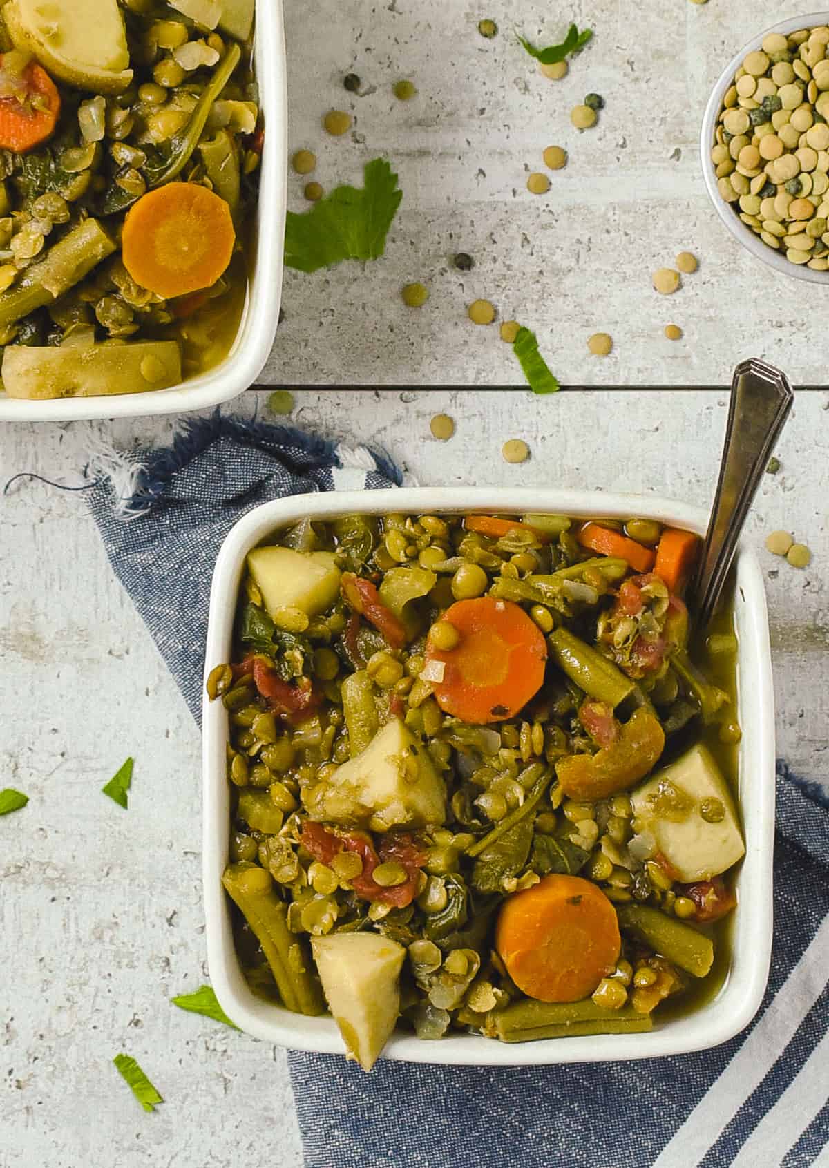 Bowl of vegan lentil soup.