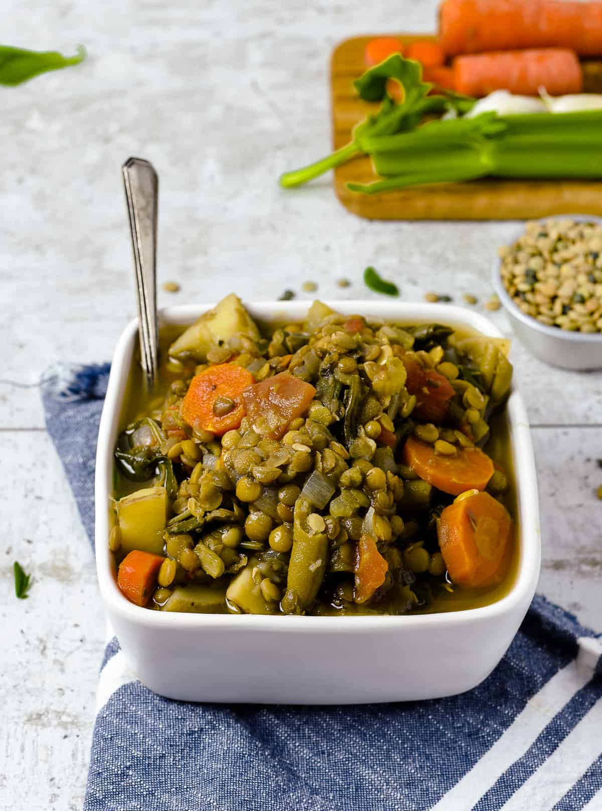 Bowl of vegan lentil soup.
