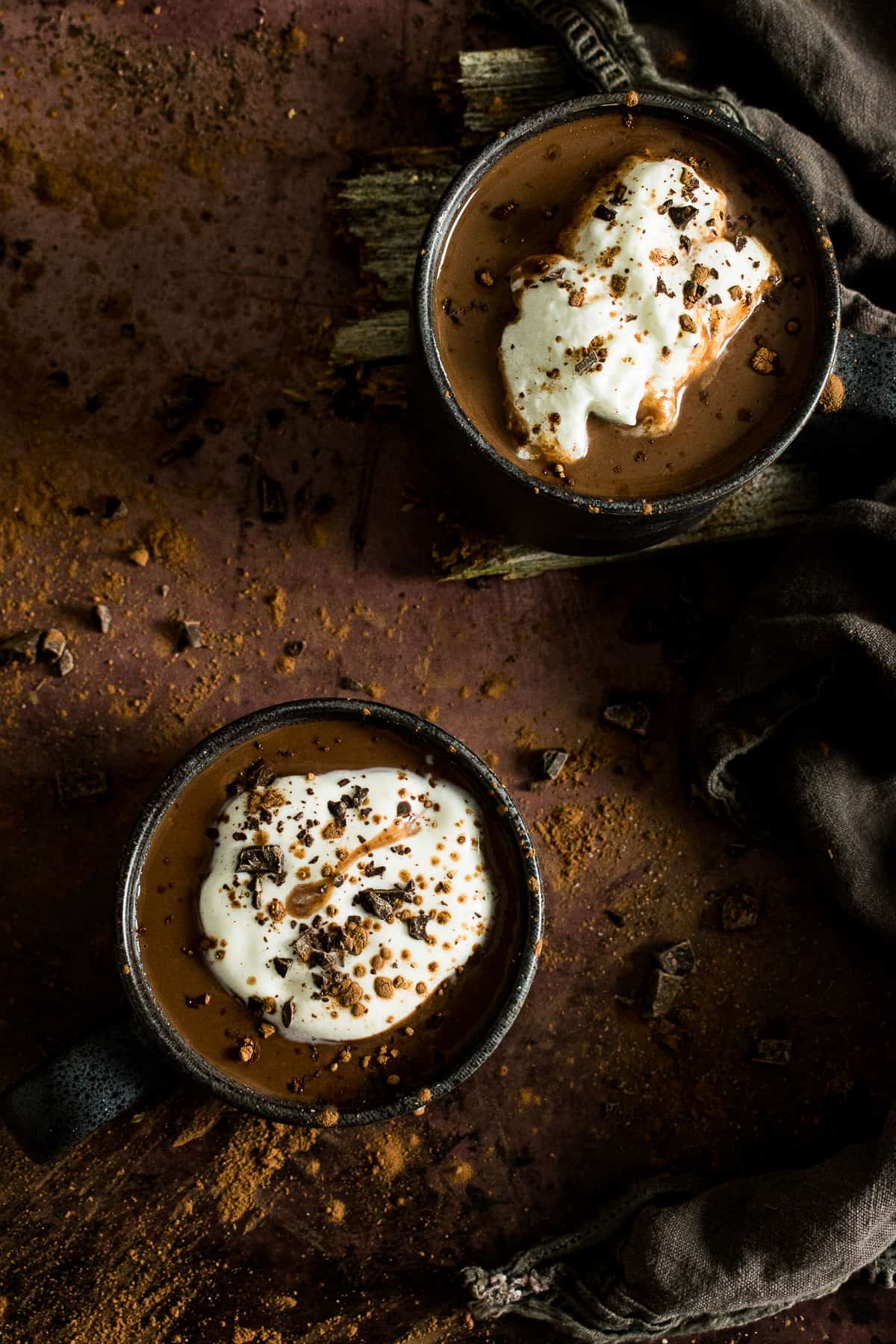 Two cups of vegan hot chocolate.