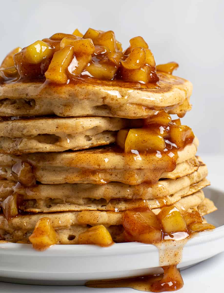 vegan apple cinnamon pancakes stacked.