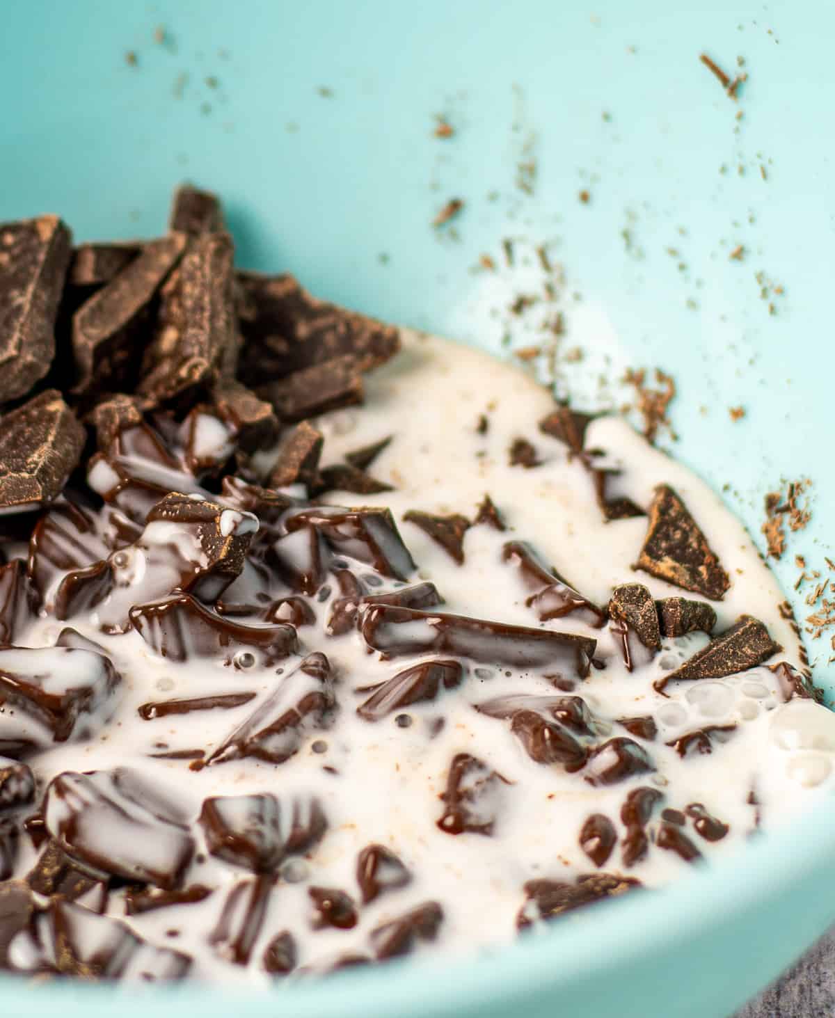 chocolate pieces and coconut milk in bowl.