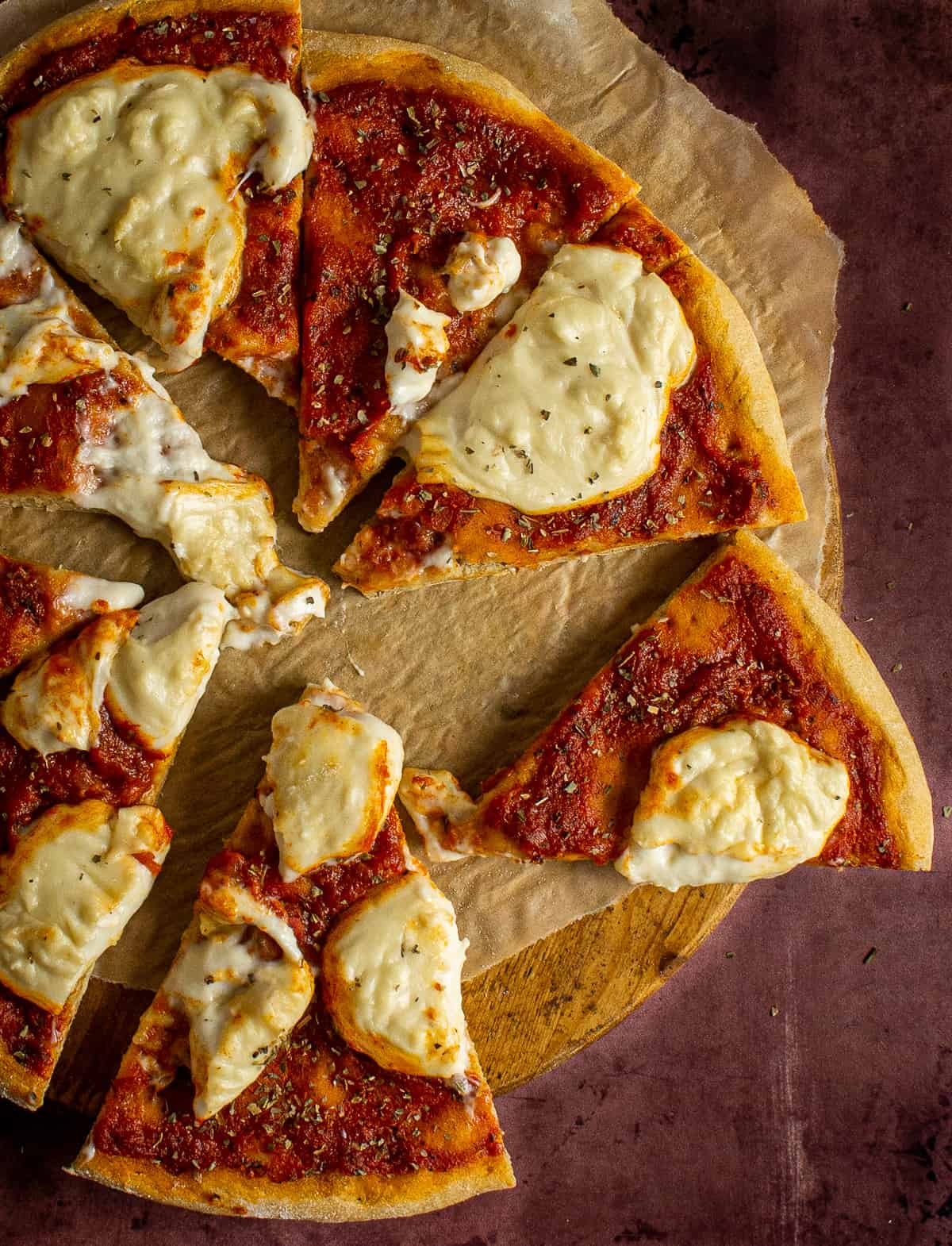 pizza slices with vegan cheese.