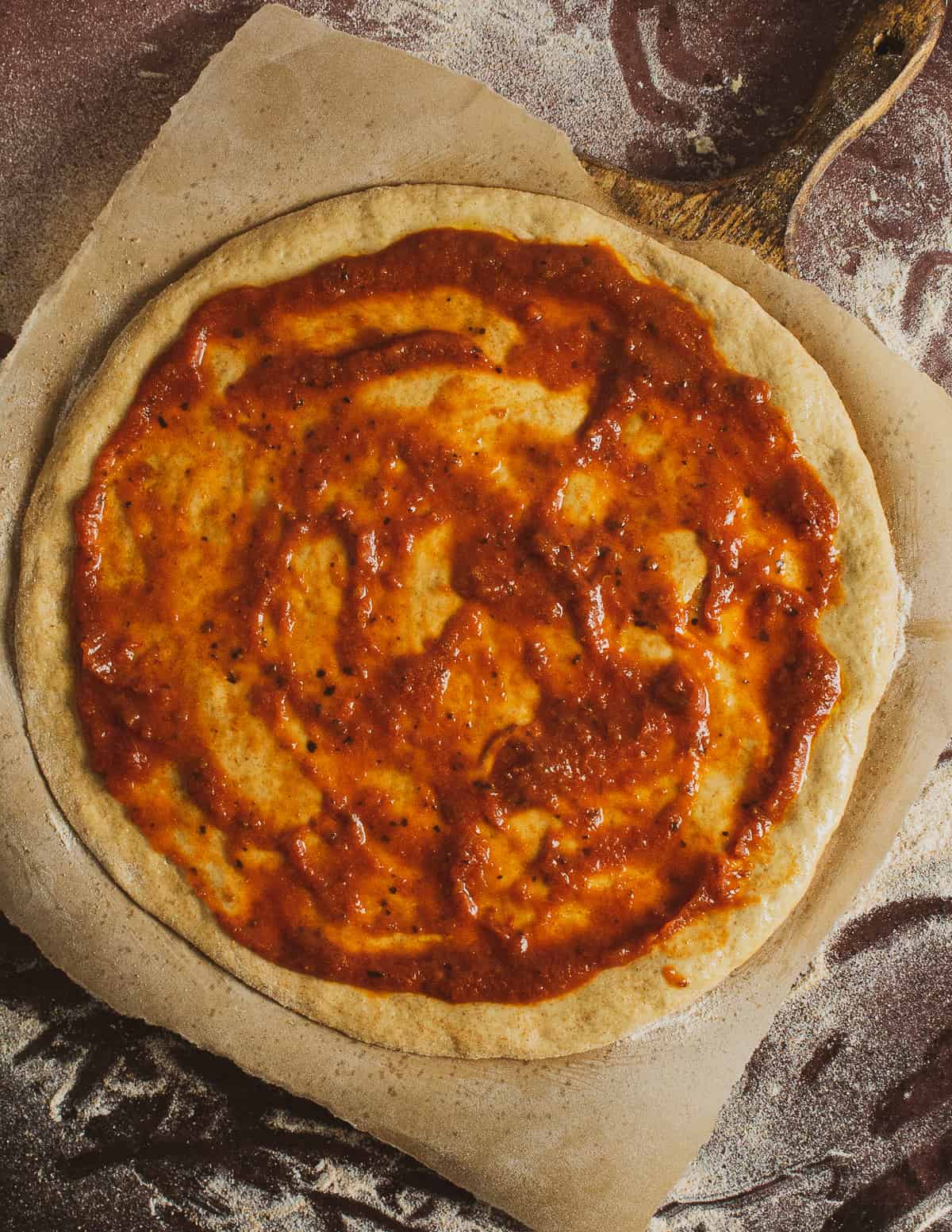 whole wheat vegan pizza dough with sauce