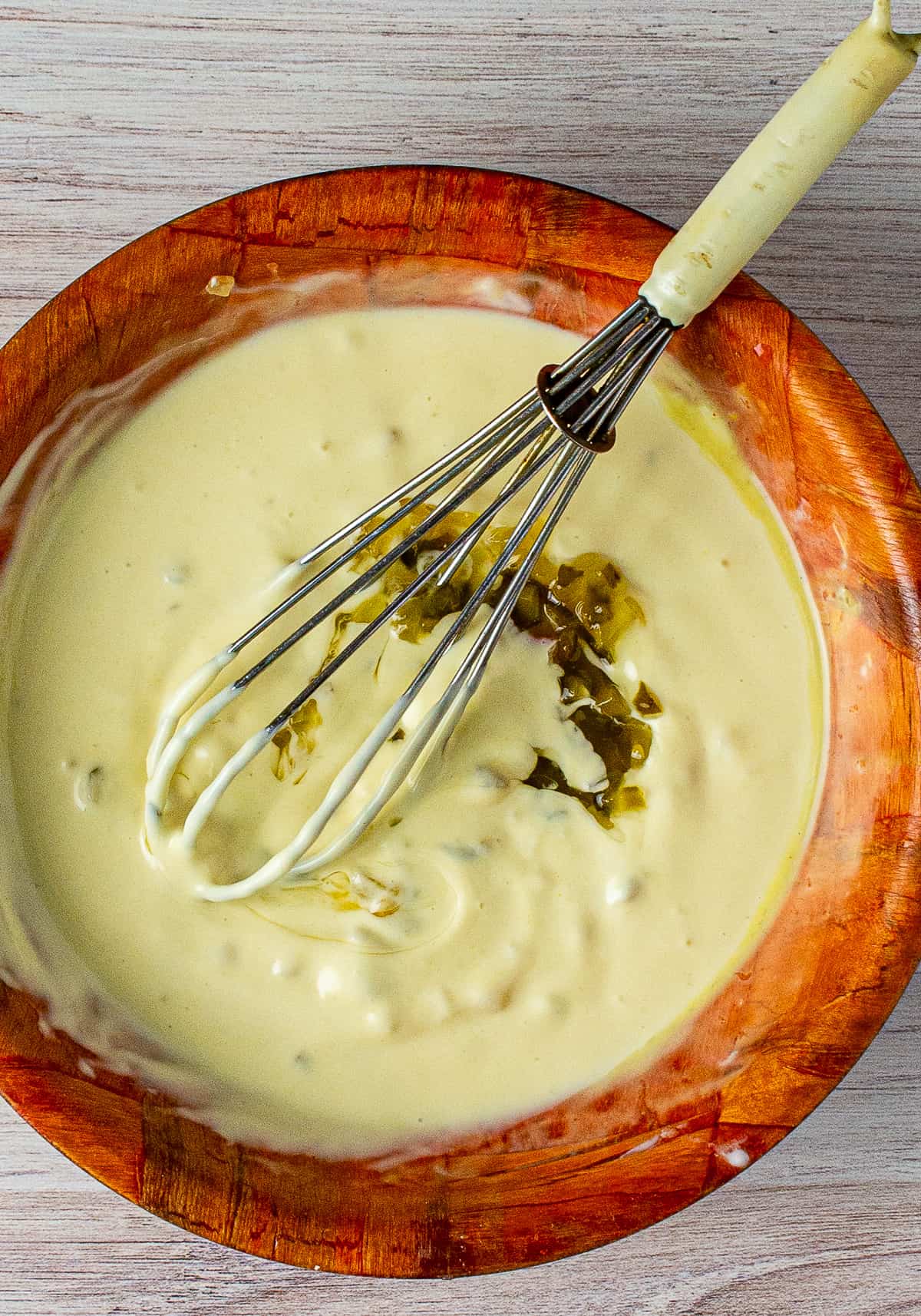 tartar sauce in bowl with whisk