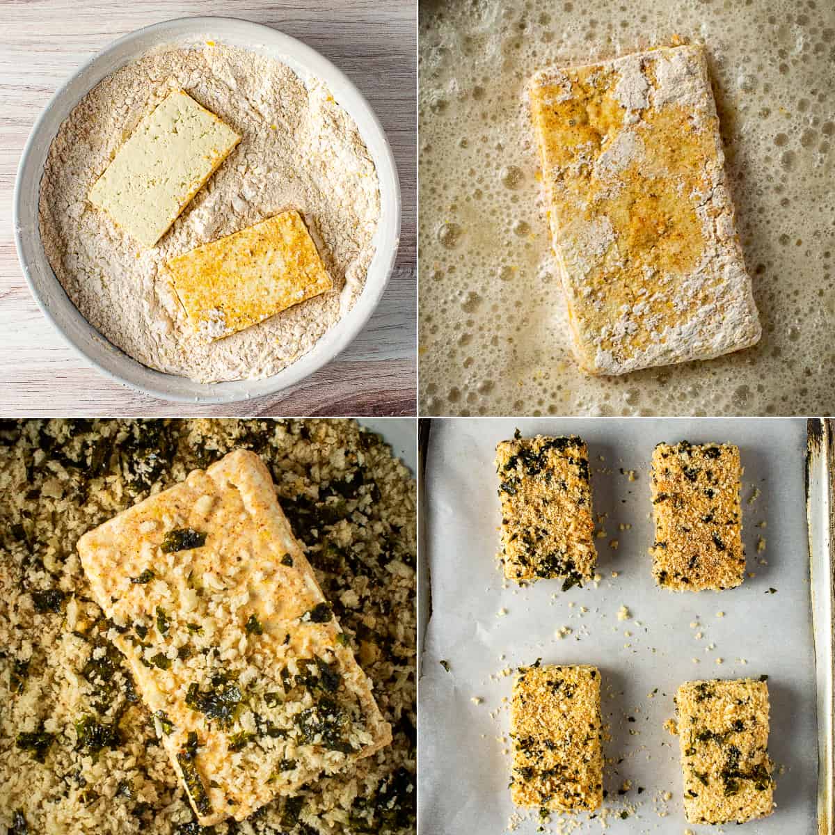 tofu, flour, and breadcrumbs