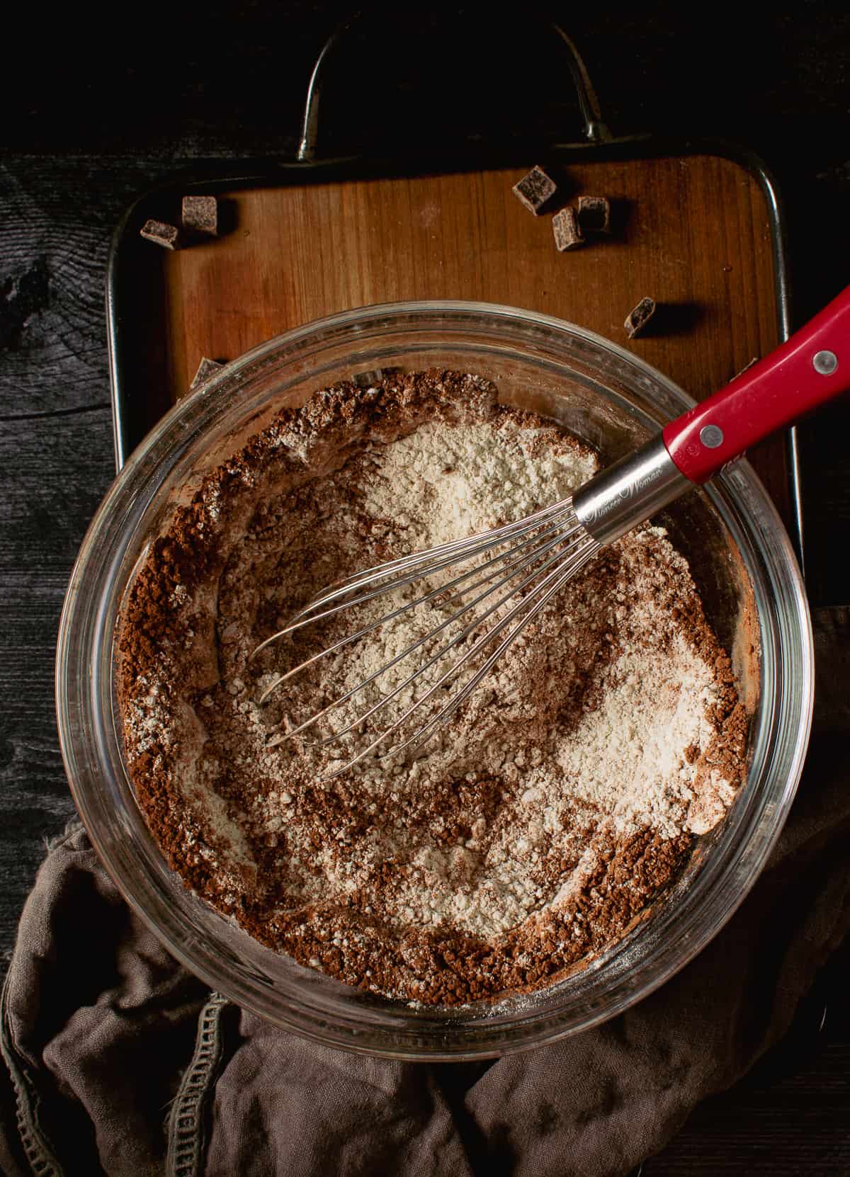flour and cocoa in mixing bowl