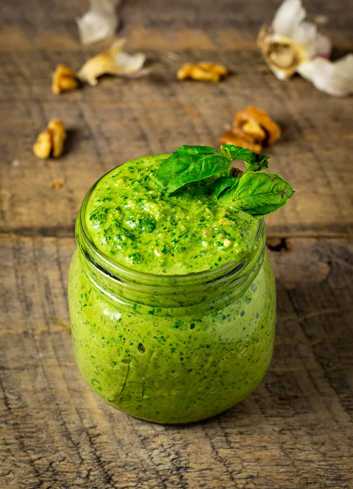vegan pesto in glass jar