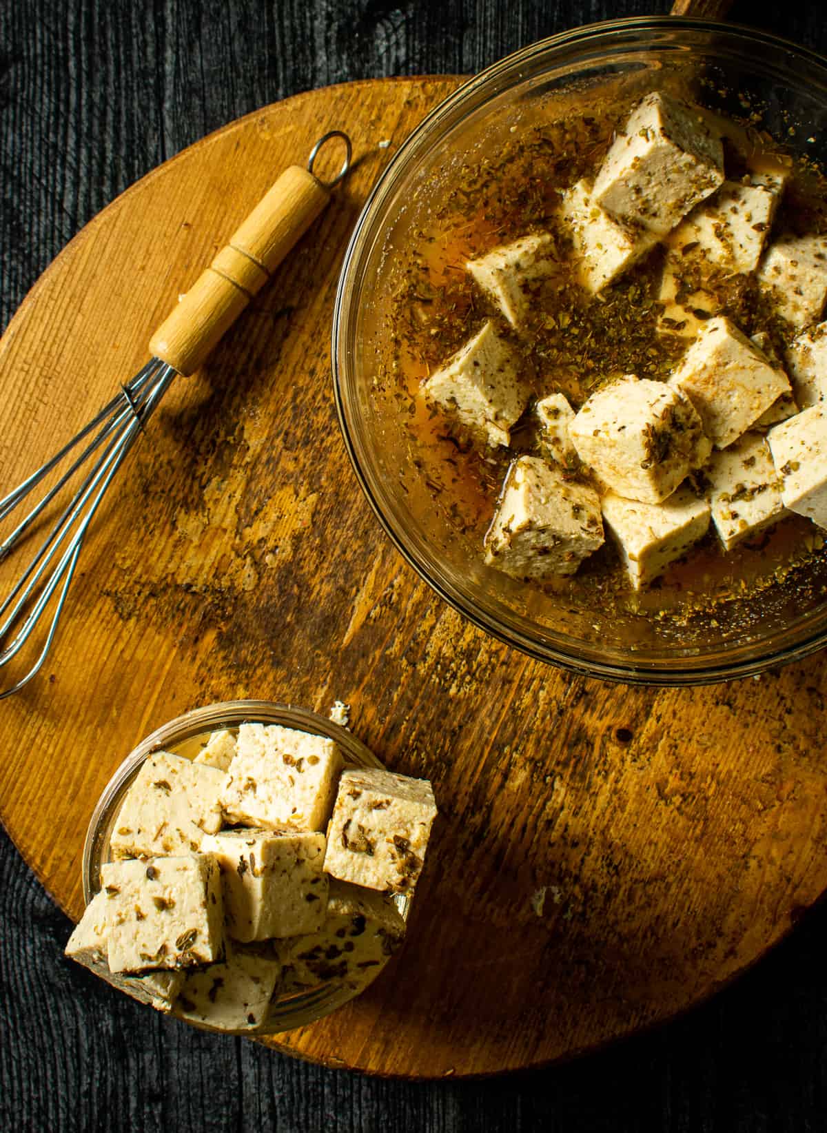 tofu feta in bowl and cup