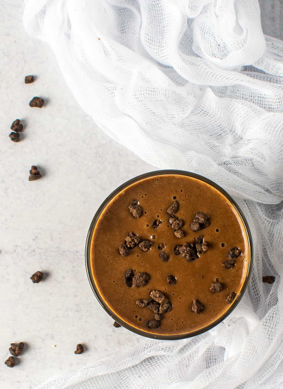 chocolate banana smoothie with cacao nibs