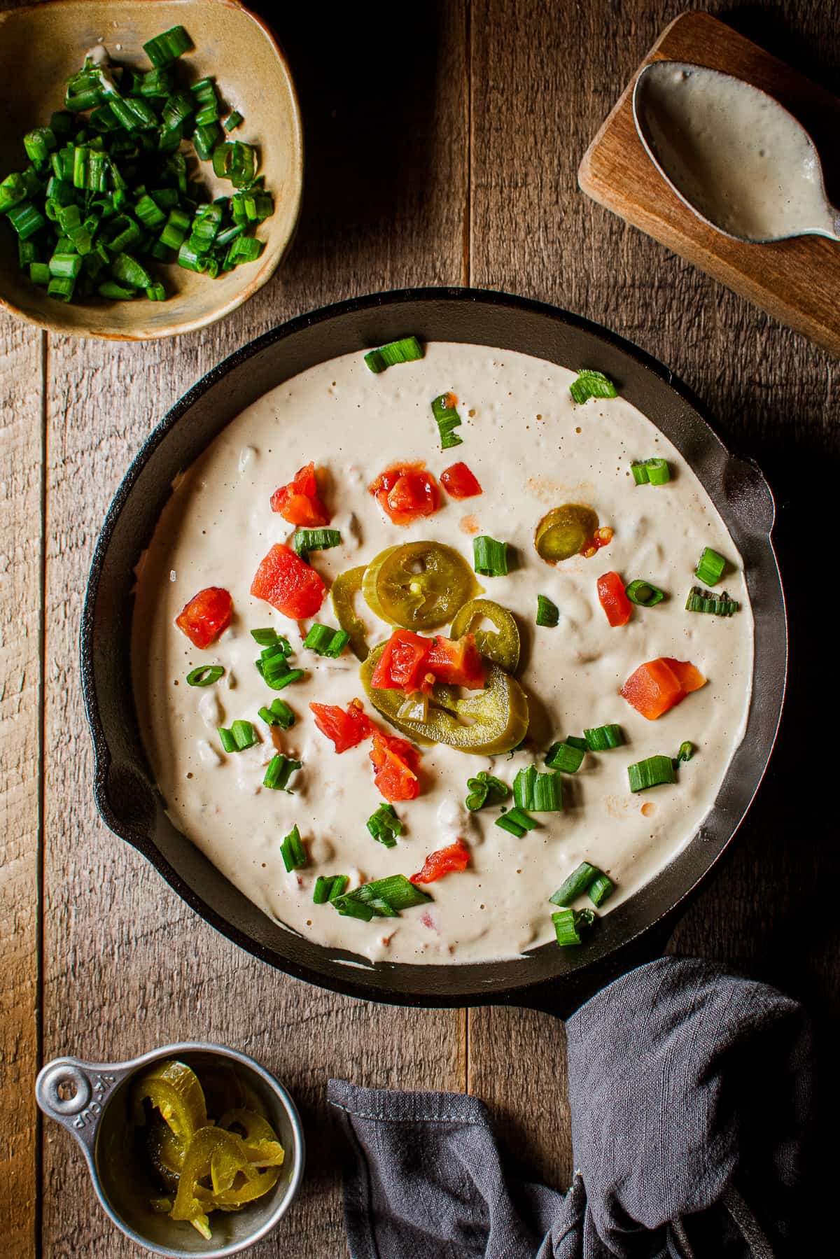 cashew queso in cast iron skillet