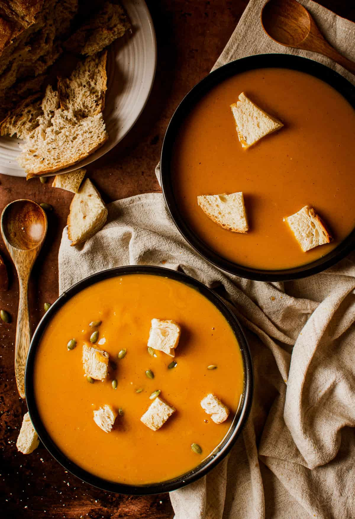 sweet potato soup in bowl with croutons