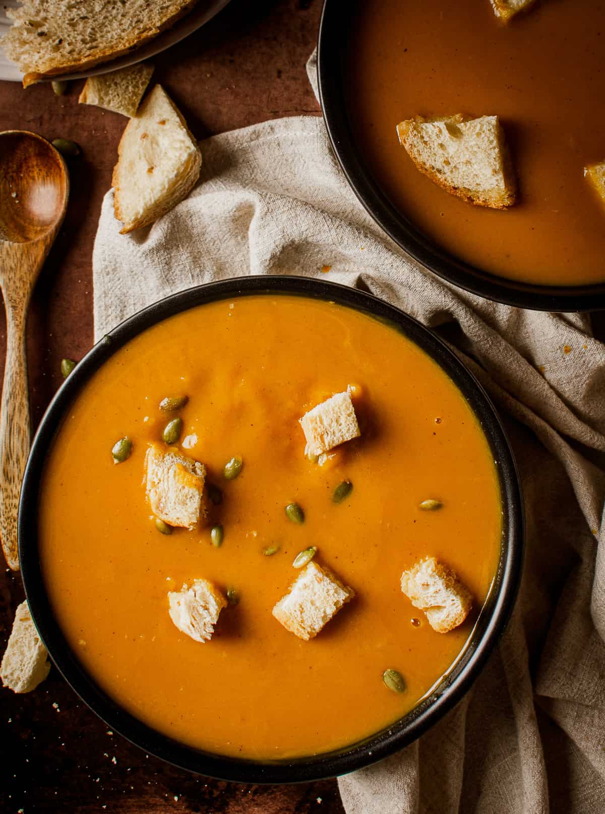 sweet potato soup in bowl with croutons