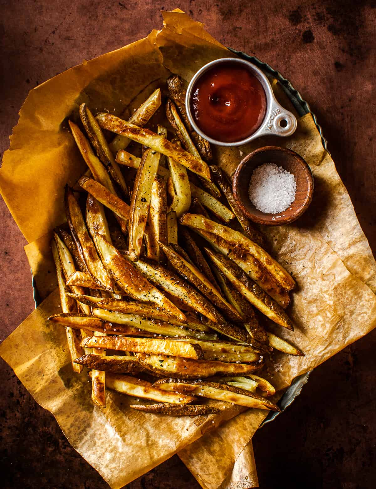 baked french fries with salt and ketchup