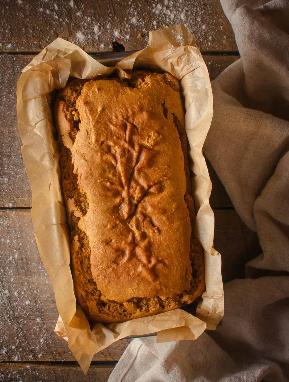 baked vegan peanut butter bread in loaf pan