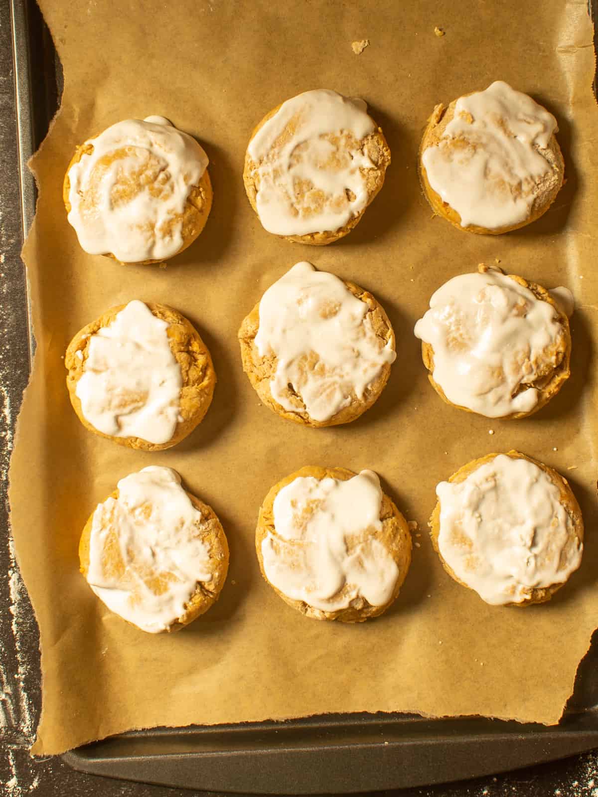 biscuit rounds topped with coconut milk
