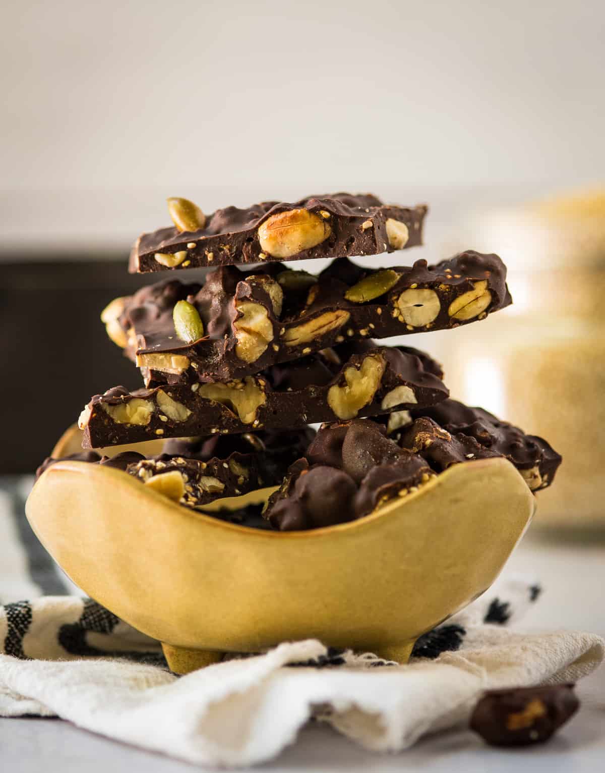 chocolate bark stacked in bowl