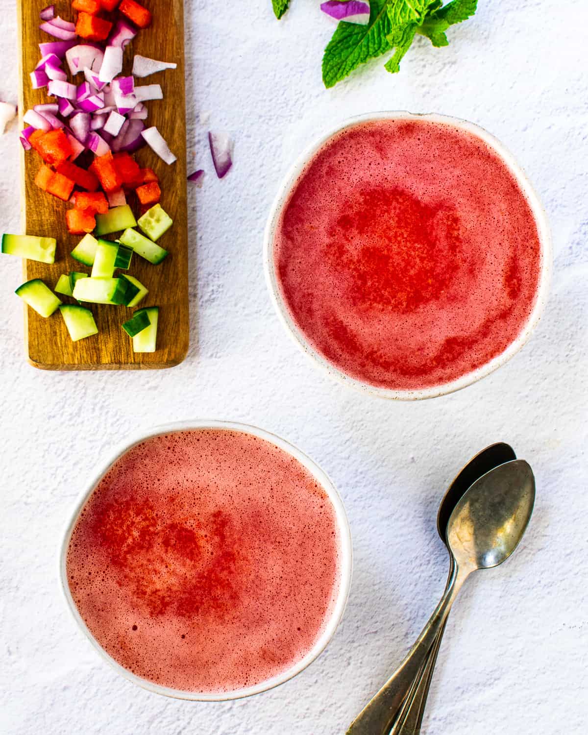 watermelon gazpacho in bowls with no toppings
