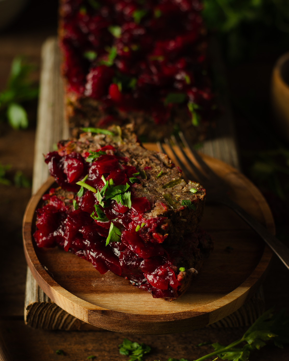 Mushroom-Lentil Loaf with Cranberry Glaze on plate.