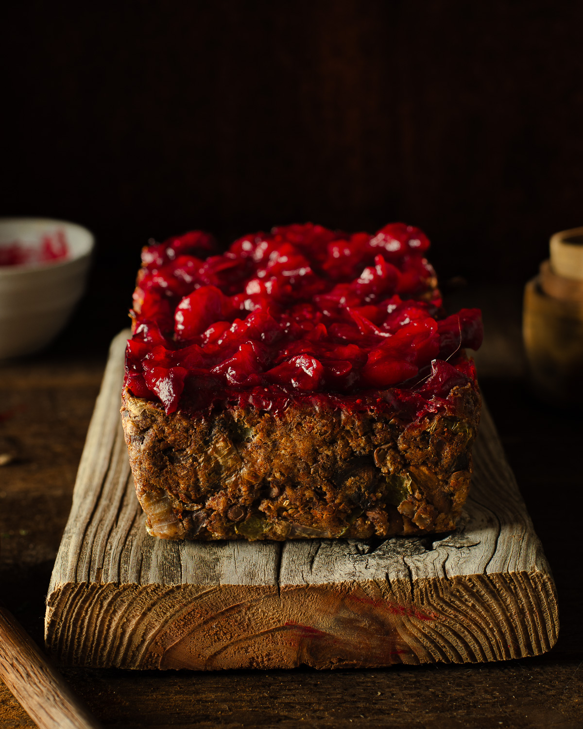Mushroom-Lentil Loaf with Cranberry Glaze on board.