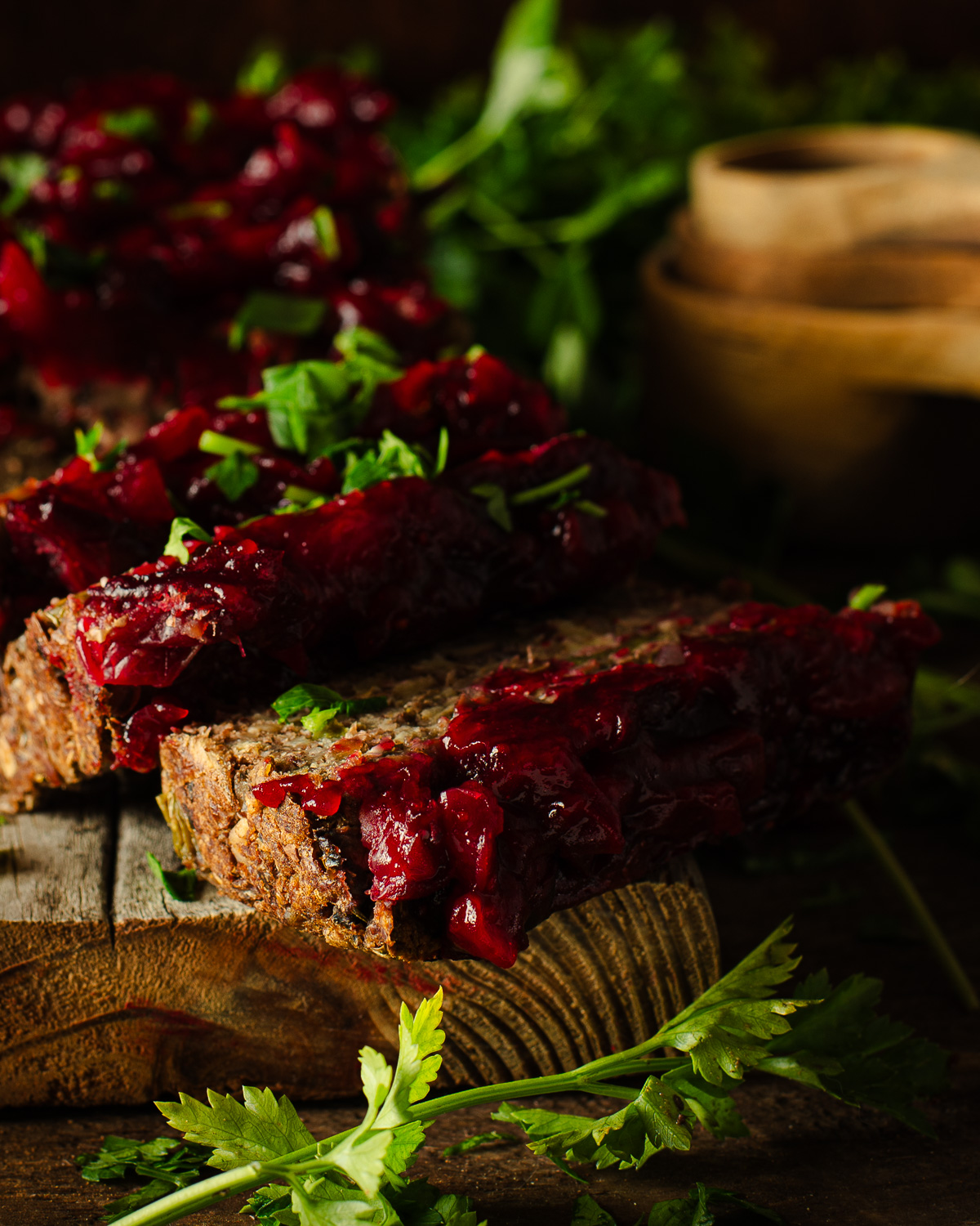 Sliced Mushroom-Lentil Loaf with Cranberry Glaze.