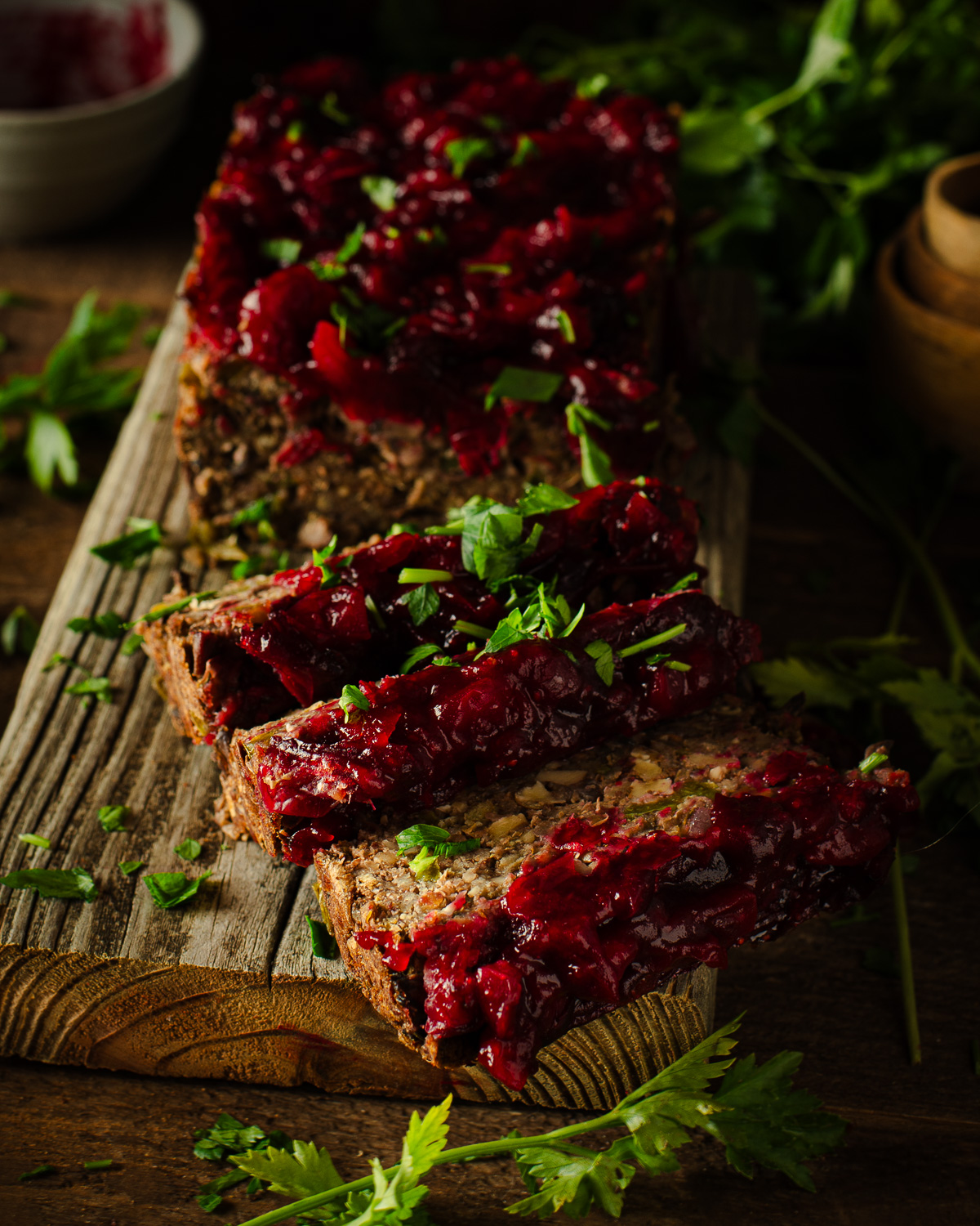 Mushroom-Lentil Loaf with Cranberry Glaze on board.