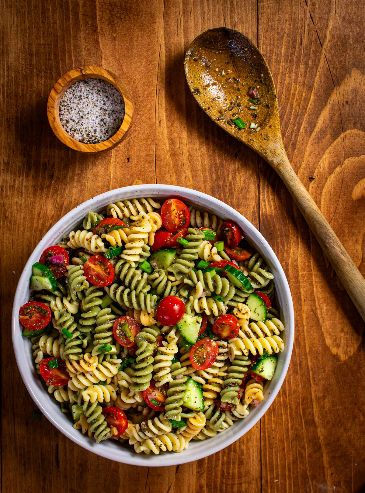 Vegan pasta salad in bowl.