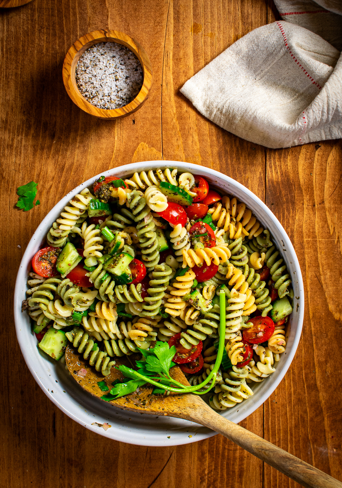 Vegan pasta salad in serving bowl.
