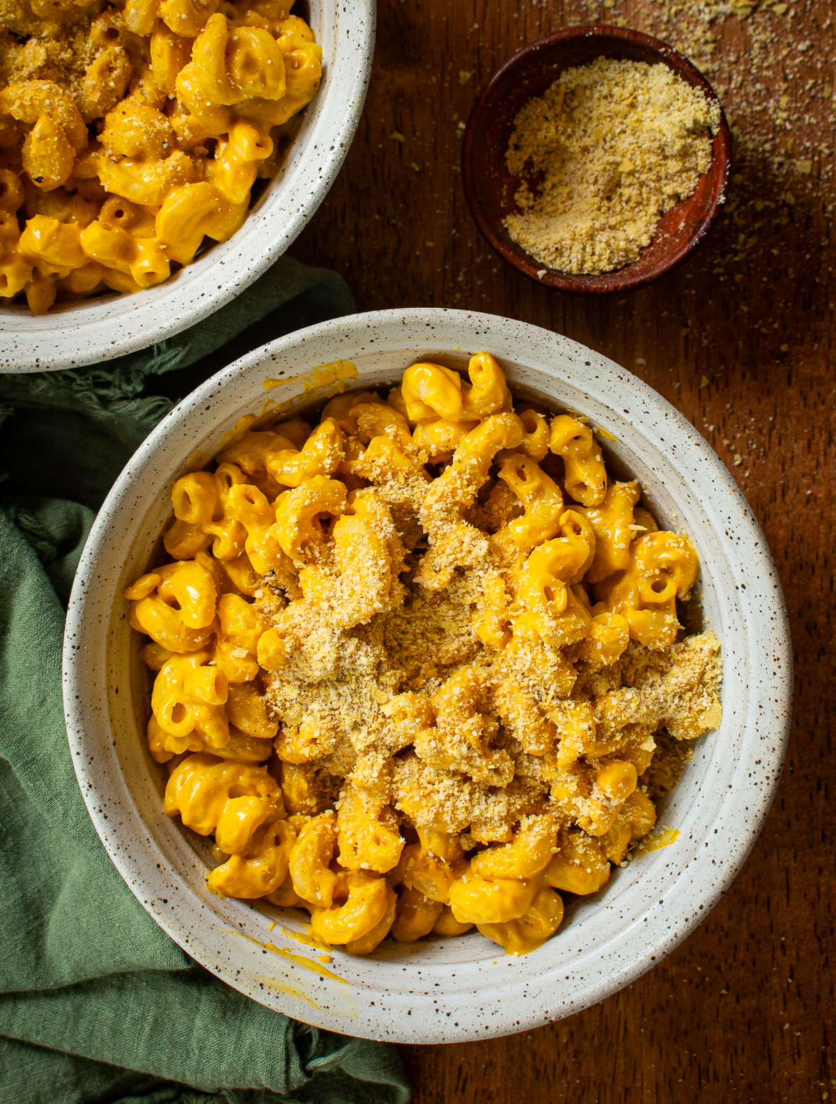 Vegan butternut squash mac and cheese with vegan parmesan.