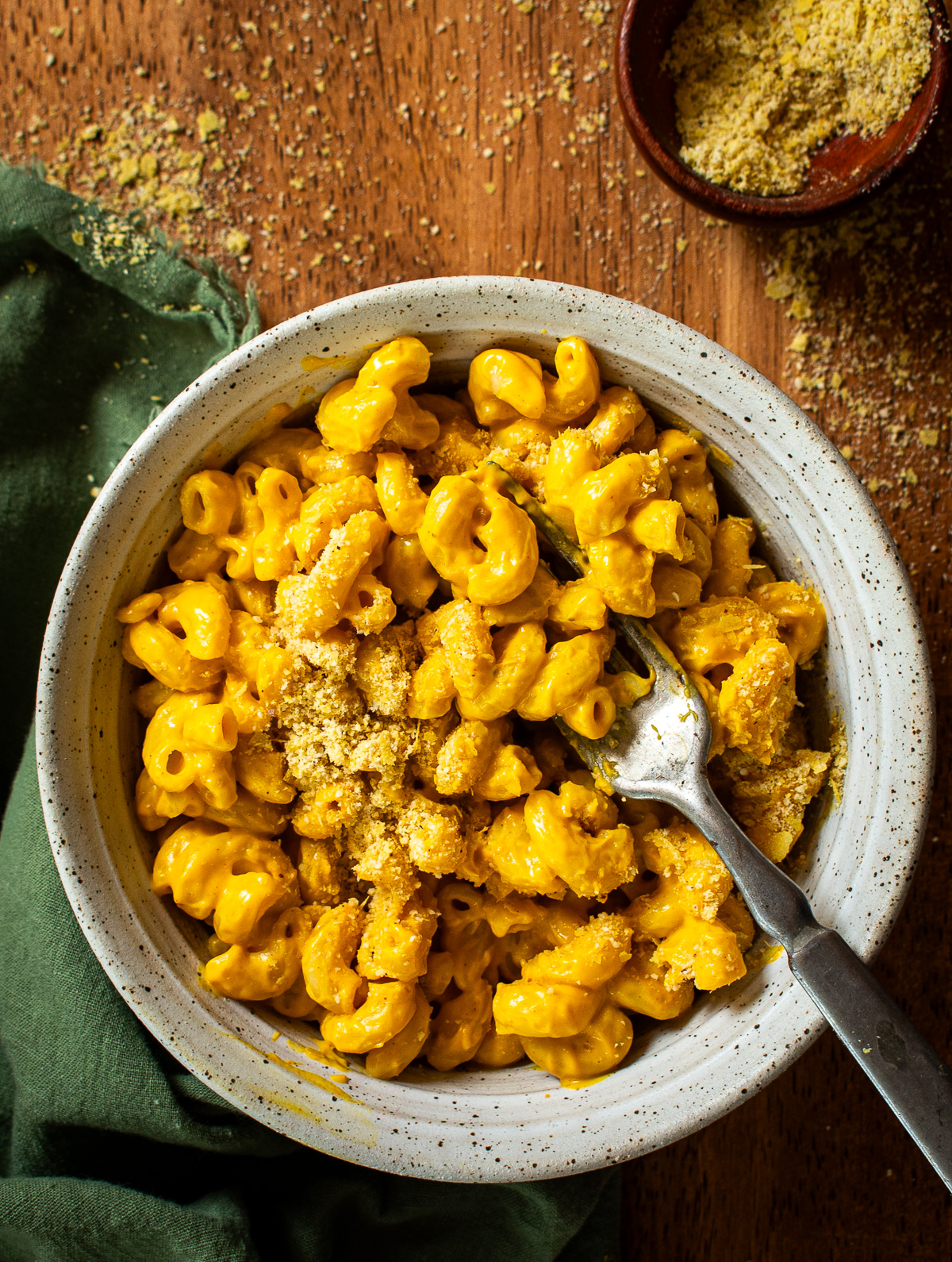 Vegan butternut squash mac and cheese with fork.